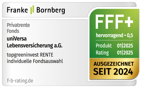 Siegel für topgreeninvest Rente der universa Lebensversicherung von Franke Bornberg. Seit 2019 ausgezeichnet mit hervorragend