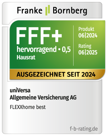 Qualitätssiegel für FLEXXhome best der universa Allgemeine Versicherung aG von Franke Bornberg. Ausgezeichnet mit hervorragend
