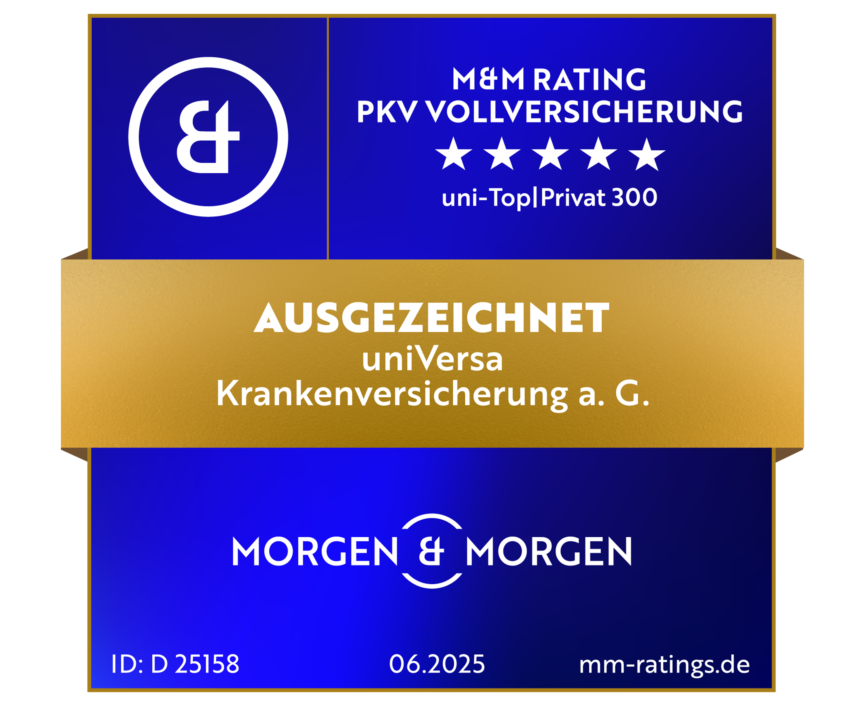 Siegel M&M Rating PKV-Vollversicherung. Uni-TopPrivat 300 ist mit ausgezeichnet bewertet.