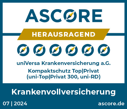 Qualitätssiegel von Ascore für universa Krankenvollversicherung Kompaktschutz Top Privat 300. Ausgezeichnet mit herausragend