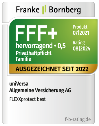 Franke Bornberg zeichnet universa FLEXXprotect best Privathaftpflicht Familie mit hervorragend aus. Dies seit 2022