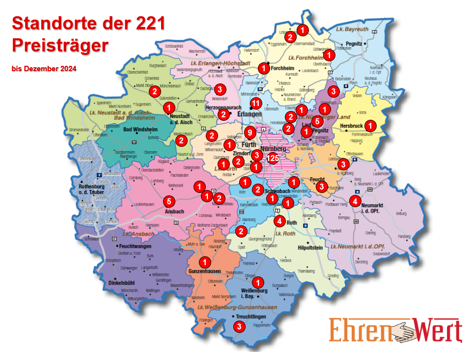 Mappe der Metropolregion mit dem Standorte der 213 Preisträger der Aktion EhrenWert