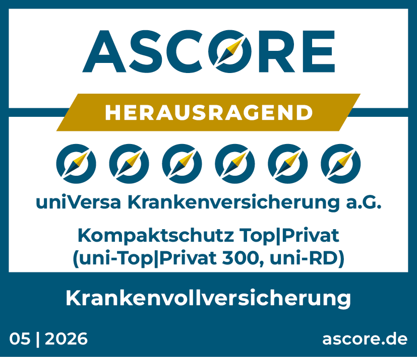 Qualitätssiegel von Ascore für universa Krankenvollversicherung Kompaktschutz Top Privat 300. Ausgezeichnet mit herausragend