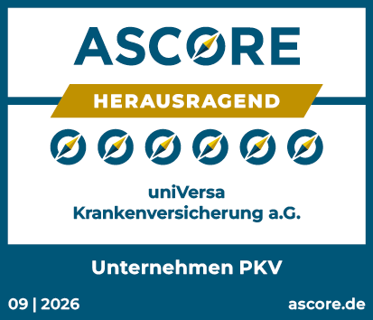 Qualitätssiegel von Ascore für universa Krankenvollversicherung Kompaktschutz Top Privat 300. Ausgezeichnet mit herausragend