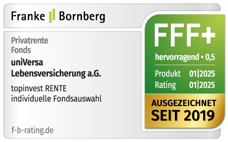 Qualitätssiegel für topgreeninvest Rente der universa Lebensversicherung von Franke Bornberg. Augezeichnet mit hervorragend.